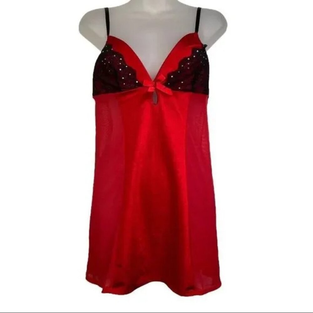 PASSION FOREVER RED/BLACK LACE WITH RHINESTONES CHEMISE NIGHTIE SIZE LARGE-EUC